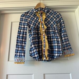 Matilda Jane Blue Plaid Button-Up with Yellow Ruffle Trim